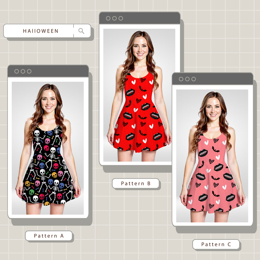 Halloween All Over Print Pattern Sleeve Dress